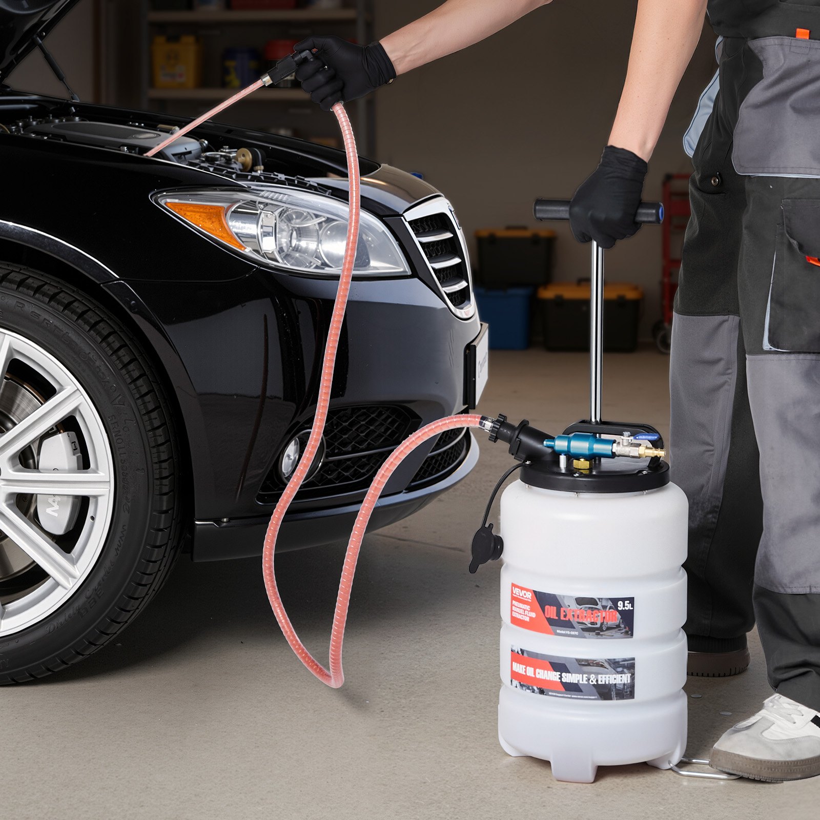 VEVOR Fluid Extractor, 9.5 L Capacity, Pneumatic/Manual Vacuum Fluid Extractor with 150 cm Long Horse & Three 120 cm Extension Tubes, Oil Change Pump with PE Tank for Cars, Lawn Mowers, Boats