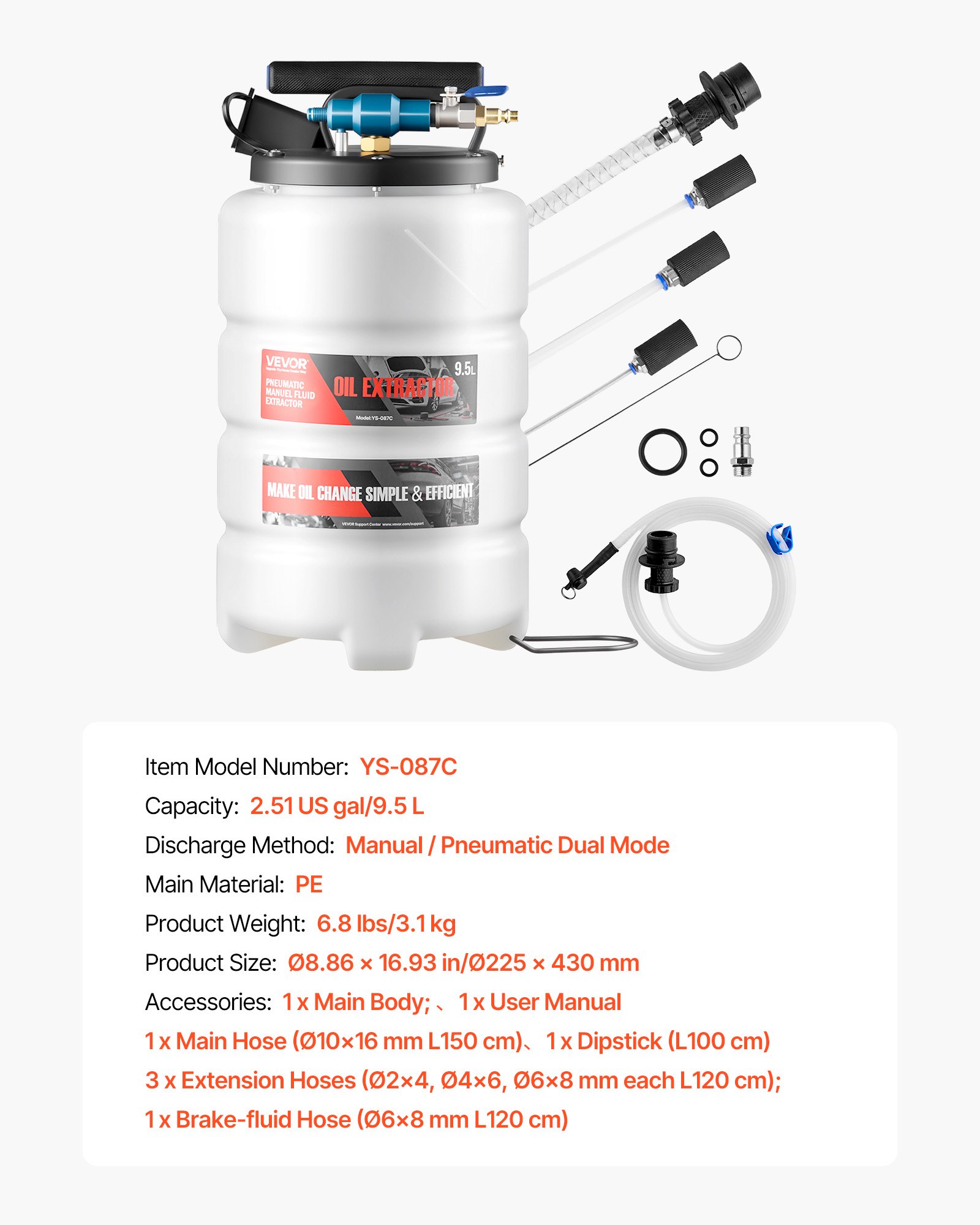 VEVOR Olieafzuigpomp 9,5 L, Pneumatisch/Handmatig, Transferpomp met slang en drie verlengbuizen, Olieverversingspomp met PE-tank, Vloeistofafzuiger, Oliepomp voor auto's, grasmaaiers, boten