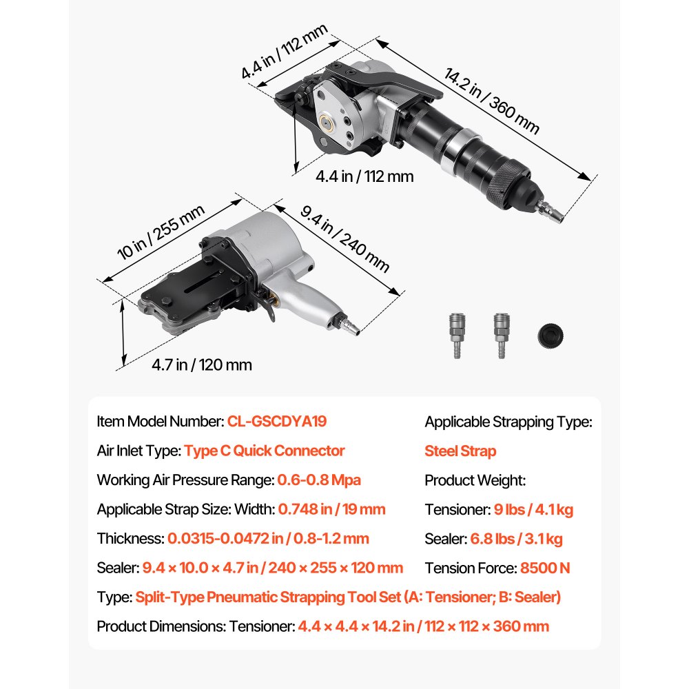 VEVOR pneumatische omsnoeringsmachine, 8500N spankracht, gereedschap voor het omsnoeren van metaal, spanner en snijder/sealer voor 19 mm brede metaalbanden, splitbalenpers voor verpakking