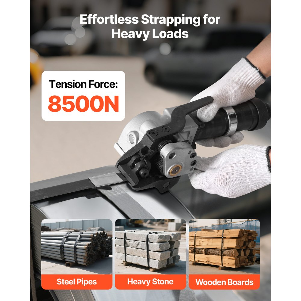 VEVOR pneumatische omsnoeringsmachine, 8500 N spankracht, gereedschap voor het omsnoeren van metaal, spanner en snijder/sealer voor 32 mm brede metaalbanden, splitbalenpers voor verpakking