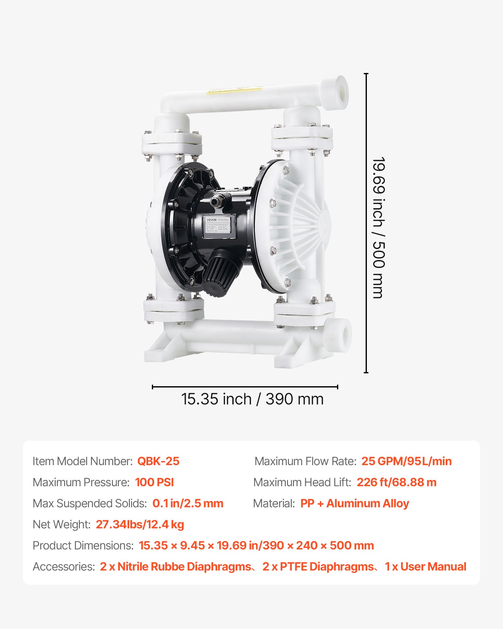 VEVOR pneumatische dubbelmembraanpomp, 95 l/min, 25,4 mm inlaat en uitlaat, pneumatische afvalolie-transportpomp, max. 100 psi, polypropyleen behuizing, luchtbediend voor diesel, vet, kerosine, benzine en olie