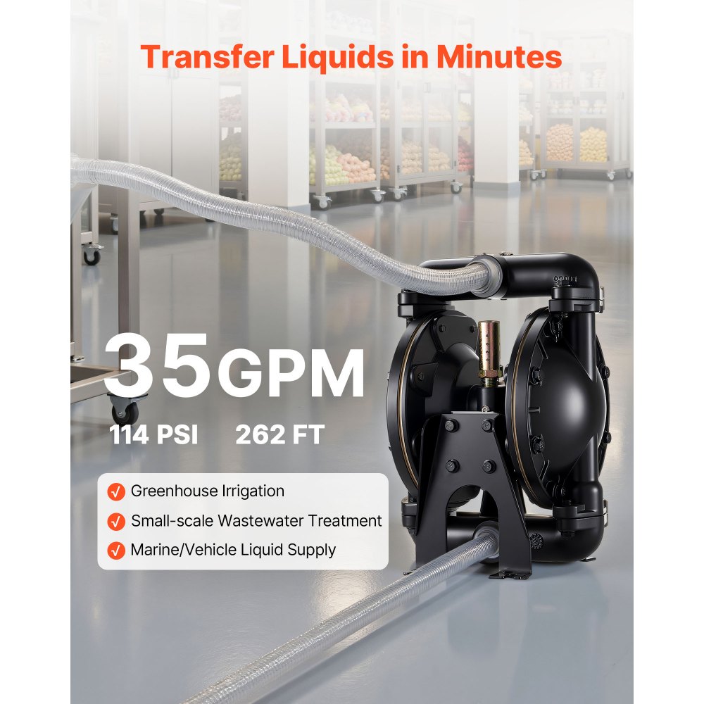VEVOR Air Operated Double Diaphragm Pump, 35 GPM, 1 inch Inlet & Outlet Pneumatic Waste Oil Transfer Pump, Max 114 PSI, Aluminum Alloy Body, Air-Operated for Diesel, Grease, Kerosene, Gasoline & Oil