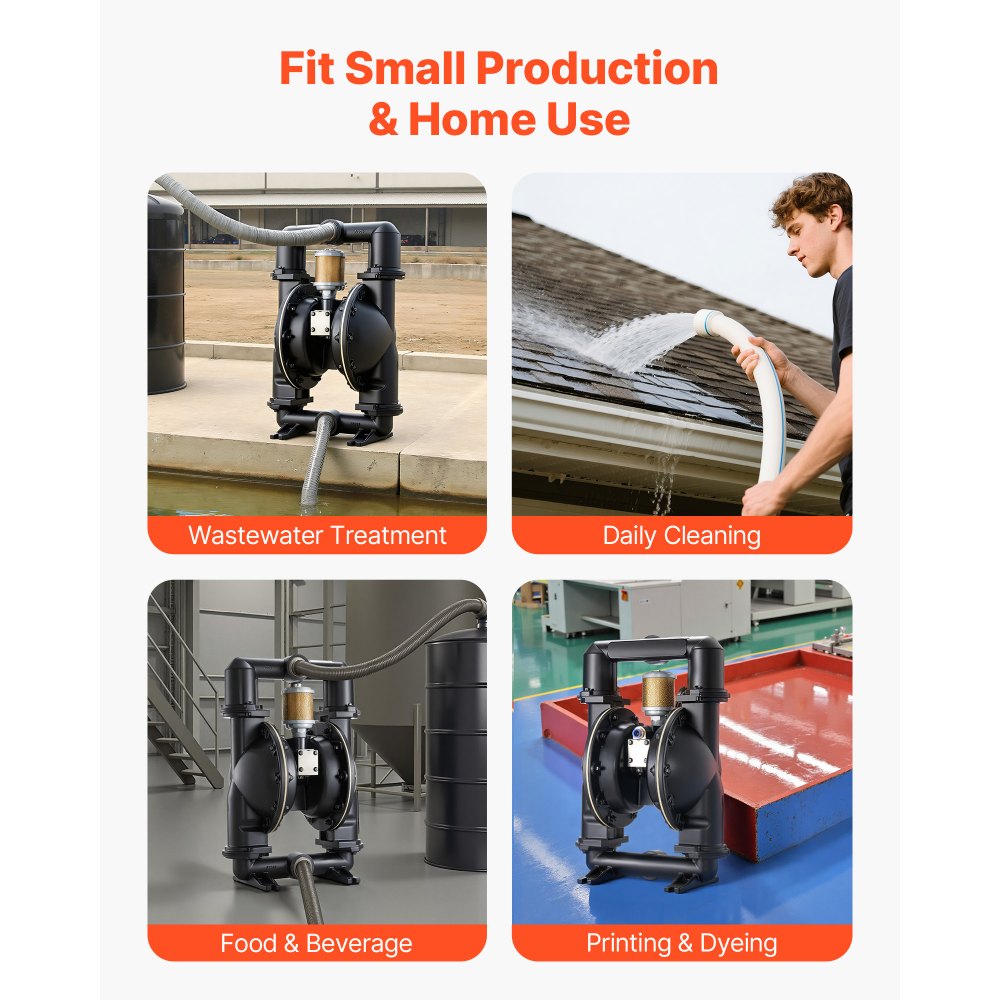 VEVOR Luchtgedreven dubbelmembraanpomp, 598 l/min, 79,86 m opvoerhoogte, pneumatische afvalolie-transportpomp, max. 114 psi, behuizing van aluminiumlegering, voor diesel, vet, kerosine en benzine