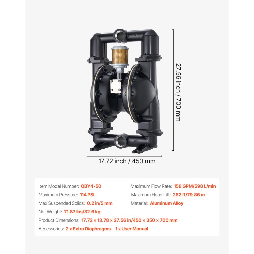 VEVOR luchtgevoede dubbele membraanpomp, 598 l/min, 79,86 m opvoerhoogte, pneumatische afvaloliepomp, max. 114 PSI, behuizing van aluminiumlegering, voor diesel, vet, kerosine en benzine.
