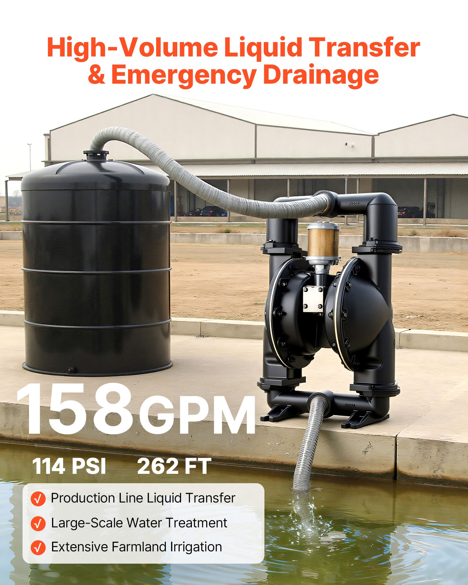 VEVOR luchtgevoede dubbele membraanpomp, 598 l/min, 79,86 m opvoerhoogte, pneumatische afvaloliepomp, max. 114 PSI, behuizing van aluminiumlegering, voor diesel, vet, kerosine en benzine.