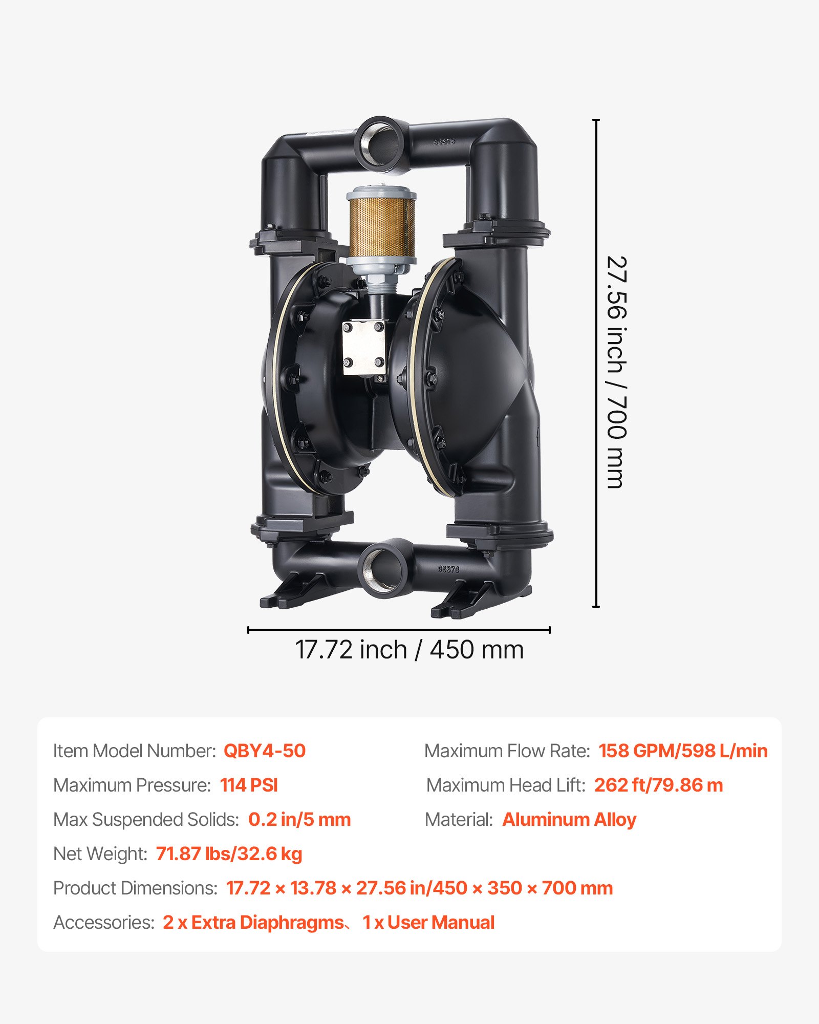 VEVOR luchtgevoede dubbele membraanpomp, 598 l/min, 79,86 m opvoerhoogte, pneumatische afvaloliepomp, max. 114 PSI, behuizing van aluminiumlegering, voor diesel, vet, kerosine en benzine.