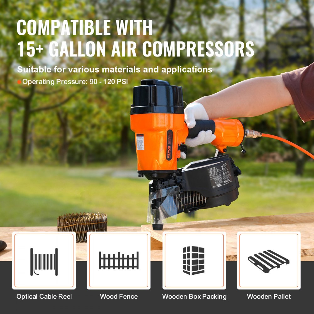 VEVOR MCN90 Coil Framing Nailer, 1-3/4" tot 3-1/2" 15-graden pneumatische framespijkermachine met gereedschapsloze diepteverstelling, 90-120 PSI Air Coil Nailer voor framebouw, wandvloeren en wandmontage