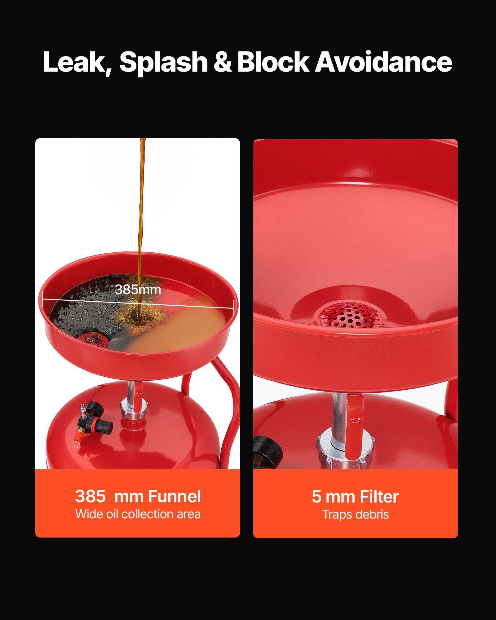 VEVOR 9,5L olieopvangbak, olieopvangbak met verstelbare trechterhoogte, olieopvangbak met wielen, aftapkraan voor vloeibare brandstof, olieopvangwagen voor autoreparatiewerkplaatsen, rood