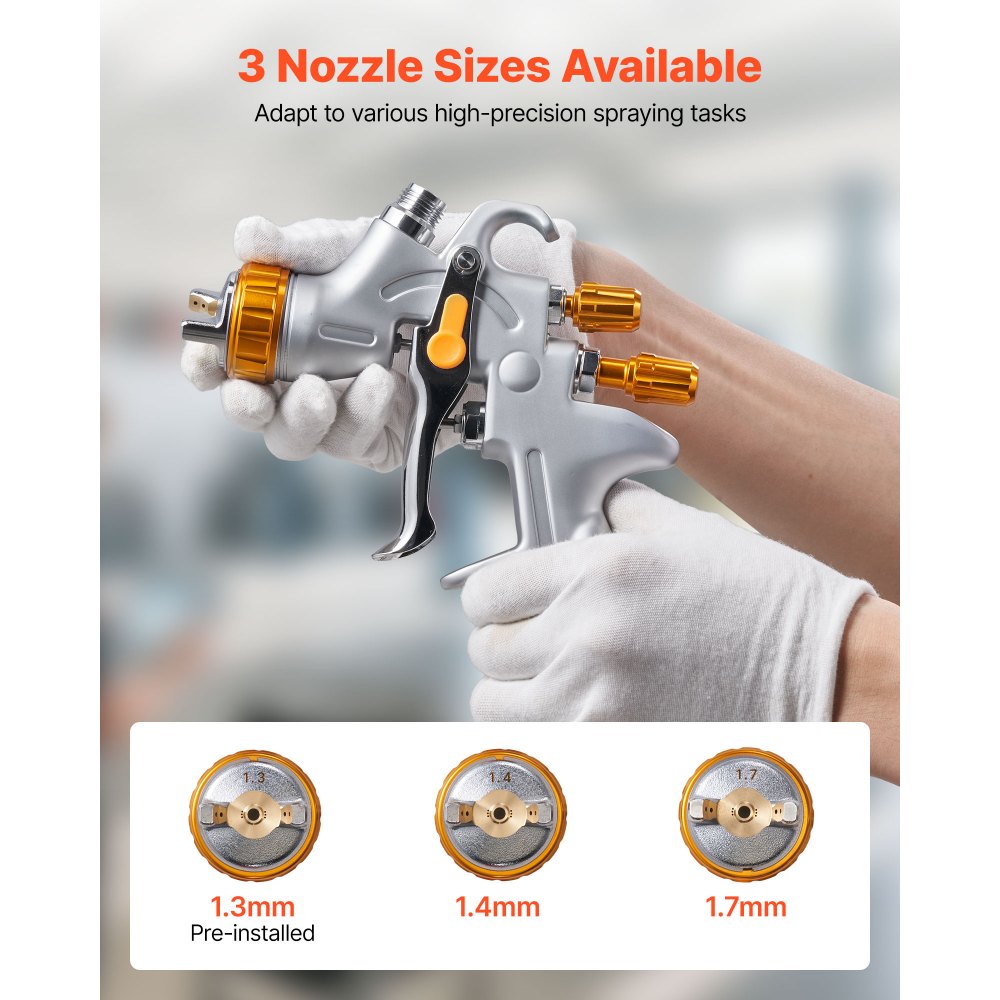 VEVOR HVLP Air Spray Gun, Gravity Feed Paint Sprayer Gun with 3 Nozzles (1.3/1.4/1.7mm), 600ml Capacity Auto Paint Sprayer with Air Regulator for Automotive Primers, Clear Coats & Topcoats