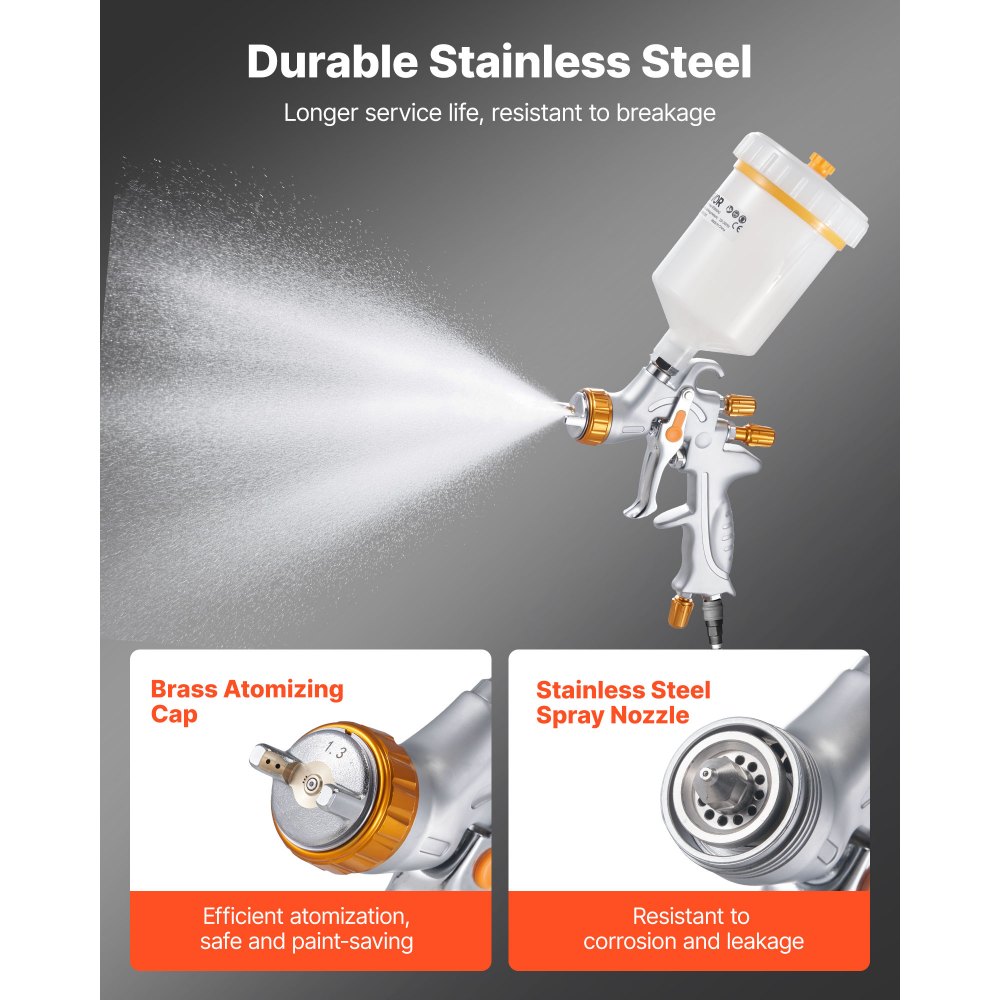 VEVOR HVLP Air Spray Gun, Gravity Feed Paint Sprayer Gun with 3 Nozzles (1.3/1.4/1.7mm), 600ml Capacity Auto Paint Sprayer with Air Regulator for Automotive Primers, Clear Coats & Topcoats
