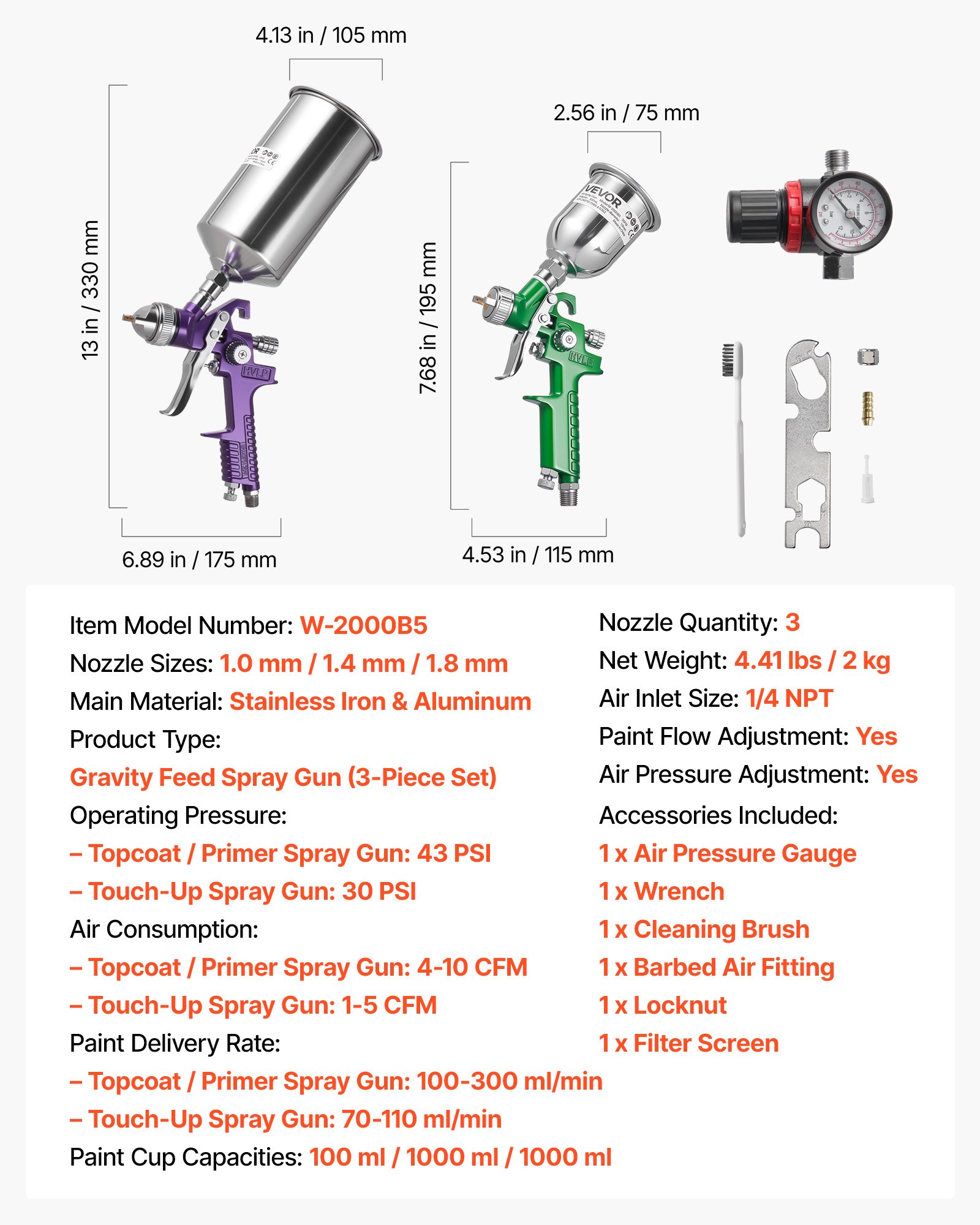 VEVOR 3-delige verfspuitset, verfspuitpistool, spuitpistool met 3 spuitmonden (1/1,4/1,8 mm), 3 bekers en luchtregelaar, zwaartekracht-autolakspuit voor primer, aflak en bijwerking