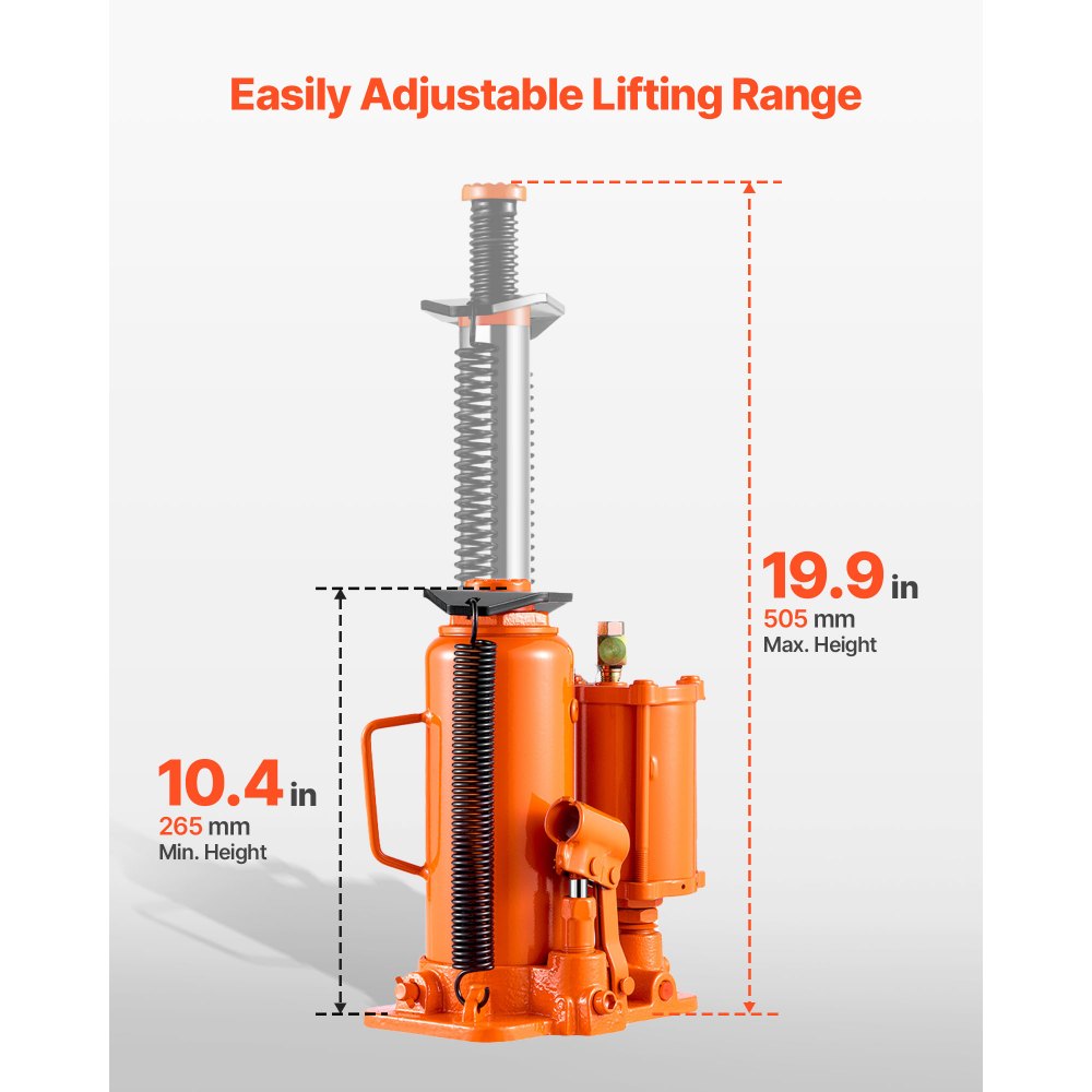 VEVOR lucht-hydraulische fleskrik met een hefvermogen van 12 ton en een hefbereik van 265–505 mm, pneumatisch/handmatig, gelaste fleskrik met pomp voor SUV's, pick-ups en autoreparaties, oranje