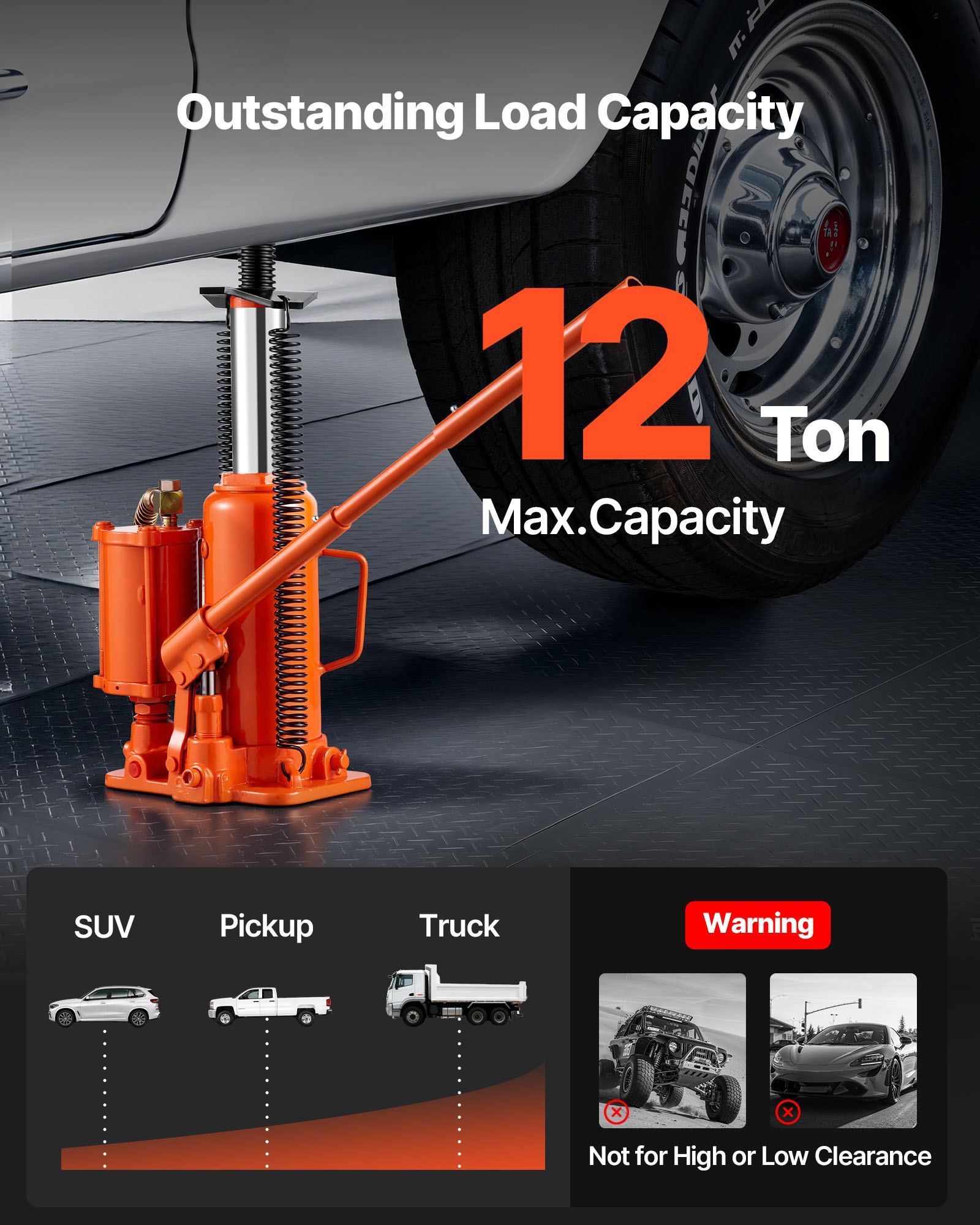 VEVOR lucht-hydraulische fleskrik met een hefvermogen van 12 ton en een hefbereik van 265–505 mm, pneumatisch/handmatig, gelaste fleskrik met pomp voor SUV's, pick-ups en autoreparaties, oranje