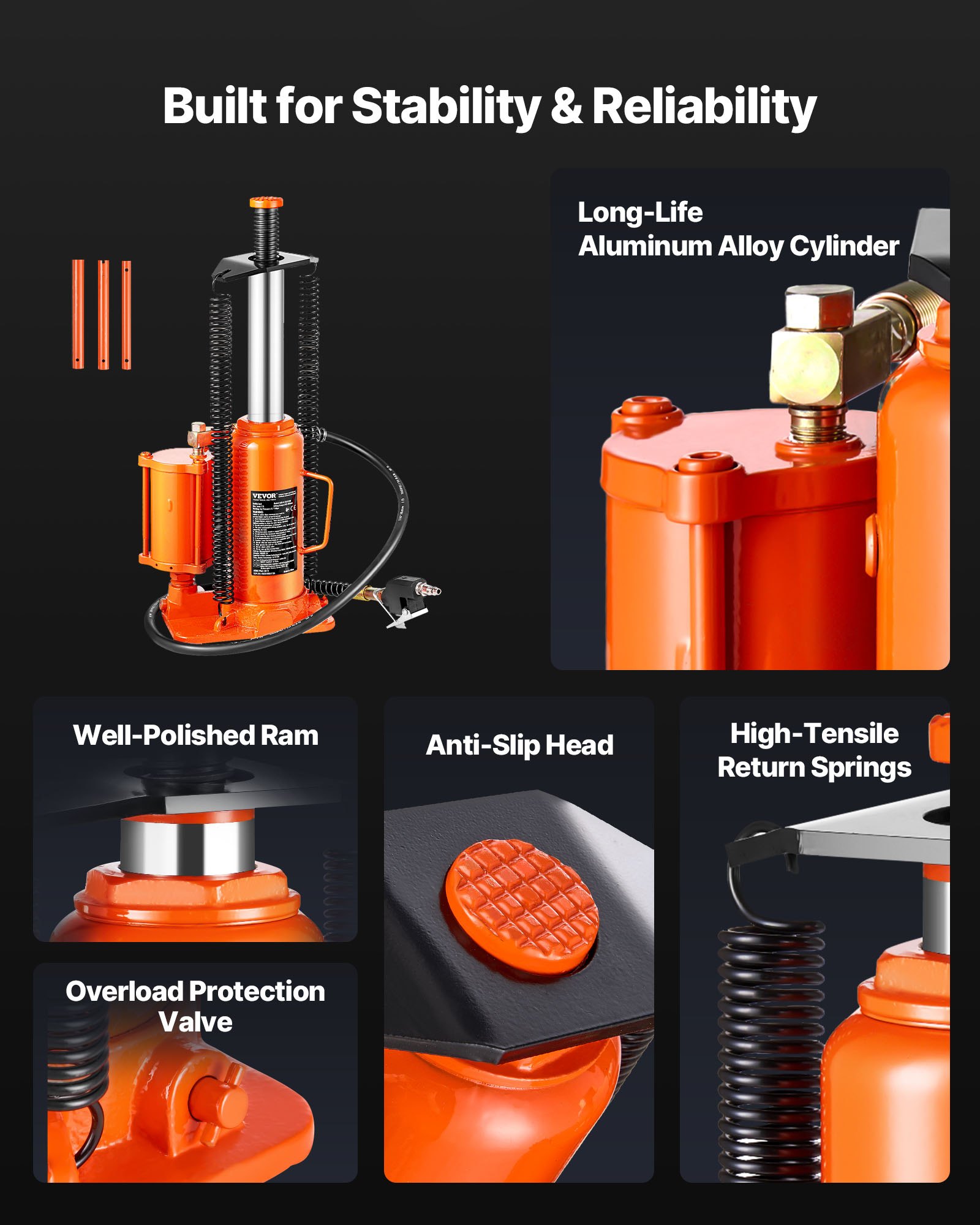 VEVOR lucht-hydraulische fleskrik met een hefvermogen van 12 ton en een hefbereik van 265–505 mm, pneumatisch/handmatig, gelaste fleskrik met pomp voor SUV's, pick-ups en autoreparaties, oranje