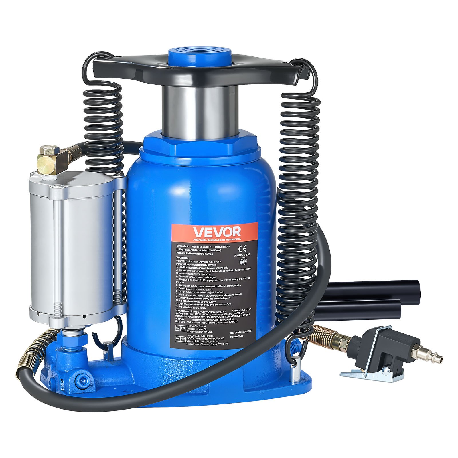 VEVOR pneumatische fleskrik, 32 ton hefvermogen, hefbereik 255–415 mm, lucht-hydraulische/handmatige fleskrik met pomp voor SUV's, pick-up trucks, campers, autoreparatie, blauw