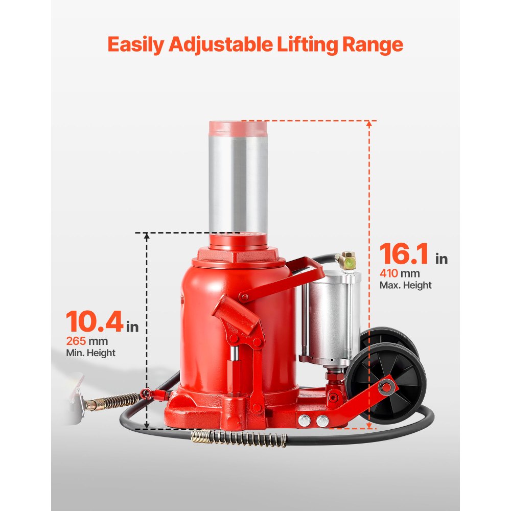 VEVOR pneumatische fleskrik, 50 ton hefvermogen, hefbereik 265–410 mm, lucht-hydraulische/handmatige fleskrik met pomp voor SUV's, pick-up trucks, campers, autoreparatie, rood