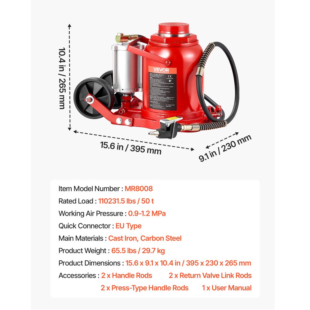 VEVOR pneumatische fleskrik, 50 ton hefvermogen, hefbereik 265–410 mm, lucht-hydraulische/handmatige fleskrik met pomp voor SUV's, pick-up trucks, campers, autoreparatie, rood