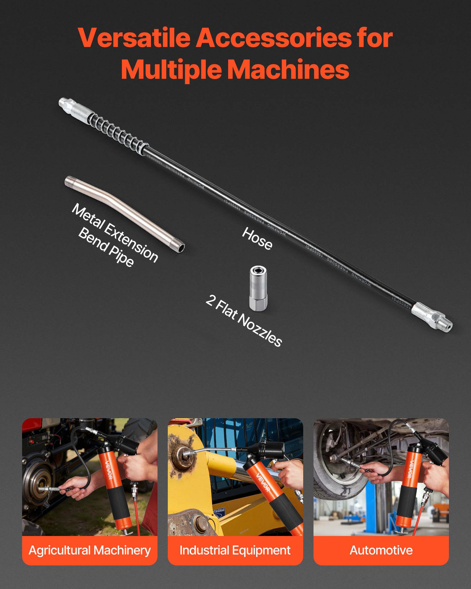 VEVOR Grease Gun, 6000 PSI High Pressure, Heavy Duty Pistol Grip Grease Gun Kit with 0.4 L Capacity, Includes 45.7 cm Flex Hose, 1 Extension Rigid Pipe and 2 Flat Nozzles for Automotive, Marine