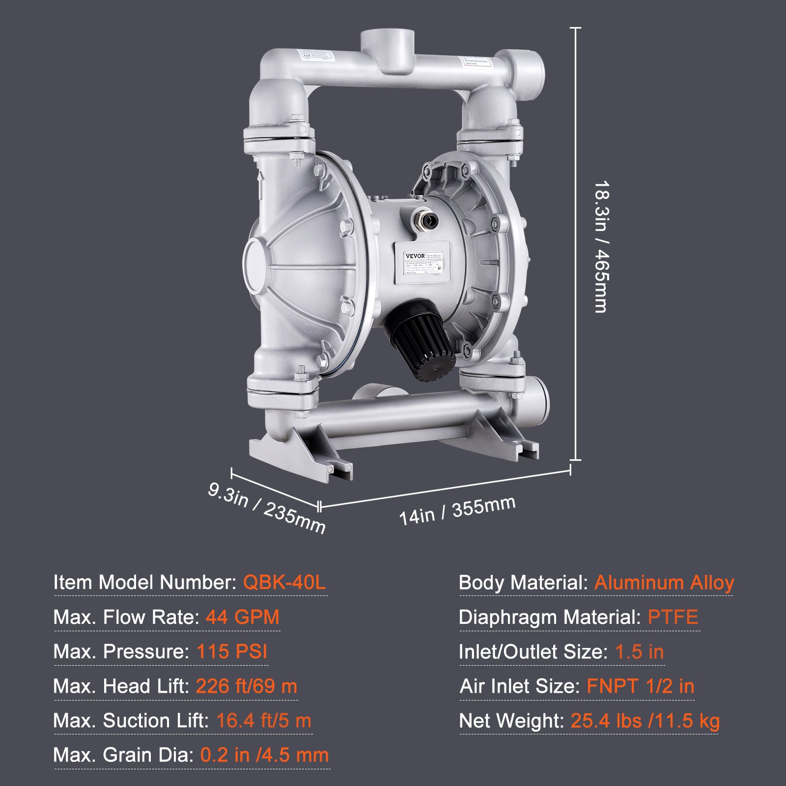 VEVOR Luchtbediende dubbelmembraanpomp, 200 l/min, max. 7,9 bar, pneumatische transferpomp met 2 extra membranen, 3,8 cm inlaat en uitlaat, gemaakt van aluminiumlegering voor diesel, vet, olie