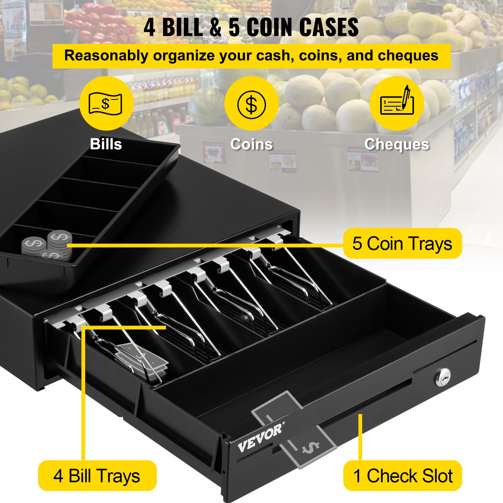 VEVOR Kassalade, 13 inch 12 V Kassa Inzetbak, Register Invoegen Lade voor POS-systeem met 4 Bill 5 Coin, Verwijderbaar Muntvak en 2 Sleutels, RJ11/RJ12-kabel voor Supermarkt Bar Coffeeshop Restaurant