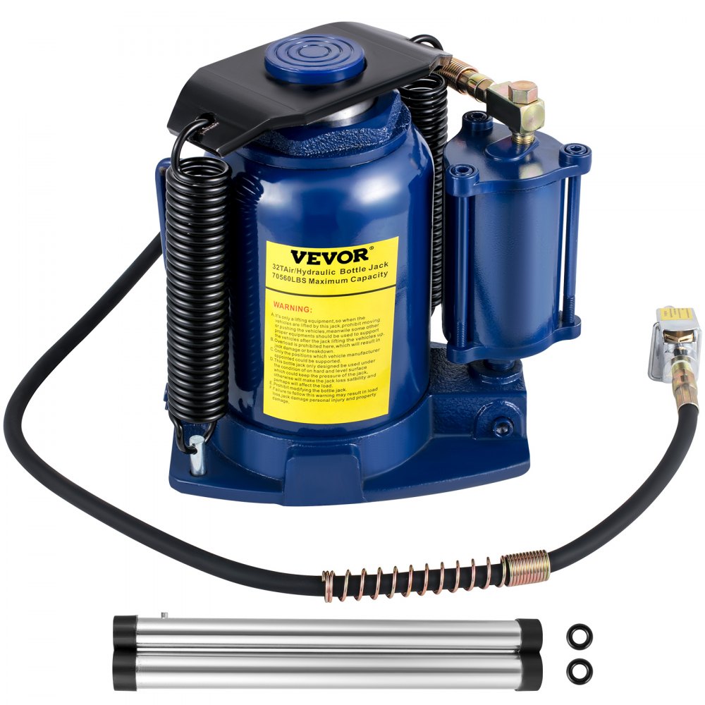 VEVOR hydraulic bottle jack with handle, hose, and accessories in blue and yellow.