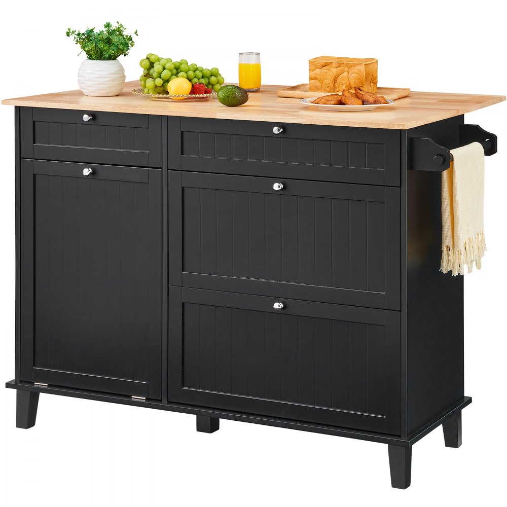 VEVOR Kitchen Island Cart, 50" Wood Top Breakfast Bar with Trash Cabinet Tilt Out 10 Gallon Storage, Farmhouse Dining Living Room Table with Drop Leaf, Towel Bar, Drawer, Black