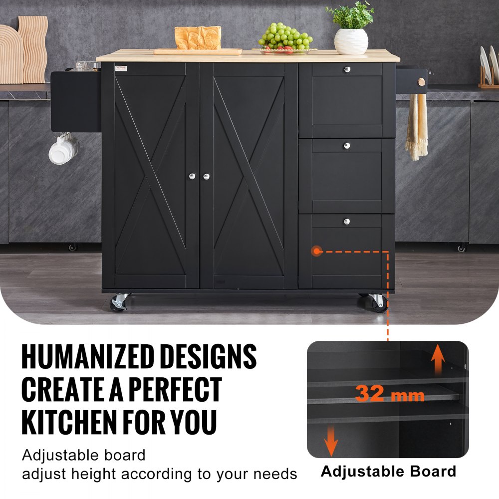 VEVOR Kitchen Island Cart, 56" Wood Top Mobile Carts with Storage Cabinet, Rolling Table with Drop Leaf, Spice Rack, Towel Bar, Adjustable Shelf, Drawer, and Hooks, Portable Islands on Wheels, Black