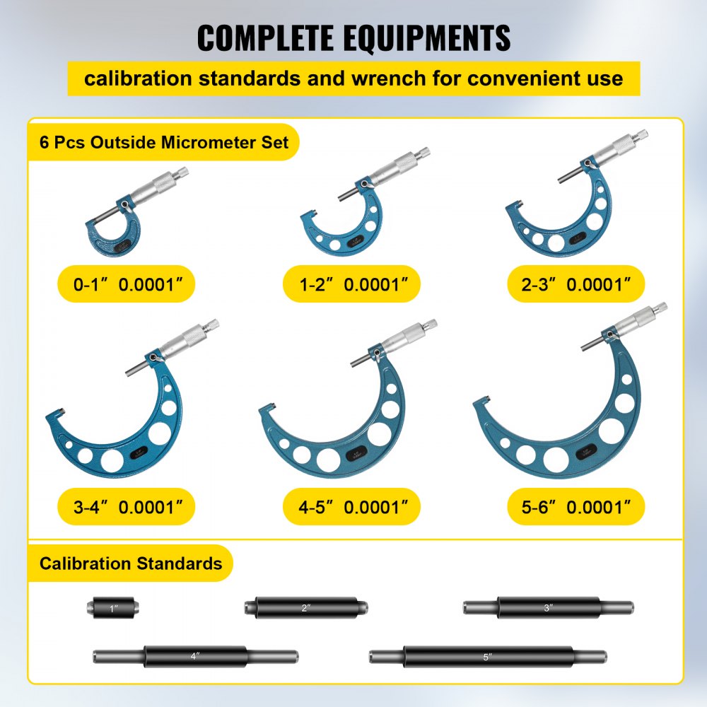 VEVOR Buiten Micrometer Set, 0-6" Metrisch Buiten Micrometer, 0,0001" Buitendiameter Micrometer Set, 6-delige Aluminium Externe Micrometer Set, Lasergeëtste Schroefmaat Standaardset met Montagekoffer