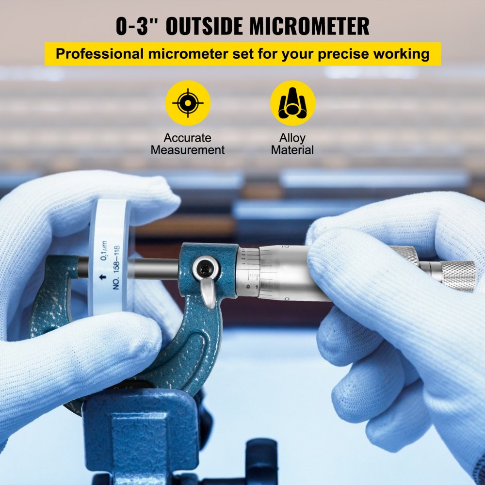 VEVOR Buiten Micrometer Set, 0-3" Metrisch Buiten Micrometer, 0.0001" Buitendiameter Micrometer Set, 3 Stuks Set Beugelmeetschroef, Legering Externe Micrometer Set, Laser-geëtste Micrometer met Hoesje