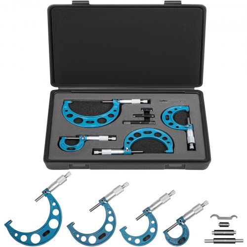 VEVOR Buiten Micrometer Set, 0-4" Metrisch Buiten Micrometer, 0,0001" Buitendiameter Micrometer Set, 4-delige Beugelmeetschroef, Legering Externe Micrometer Set, Lasergeëtste Set met Passende Koffer