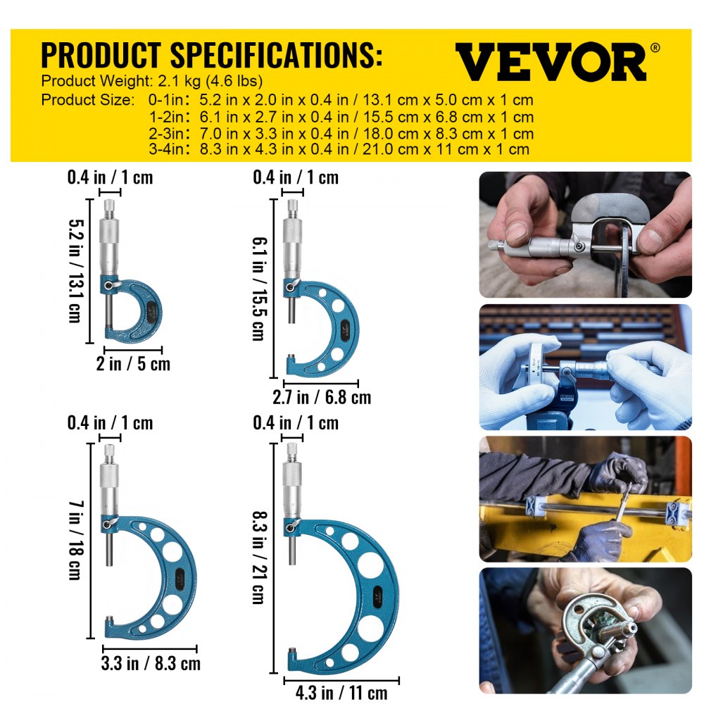 VEVOR Buiten Micrometer Set, 0-4" Metrisch Buiten Micrometer, 0,0001" Buitendiameter Micrometer Set, 4-delige Beugelmeetschroef, Legering Externe Micrometer Set, Lasergeëtste Set met Passende Koffer