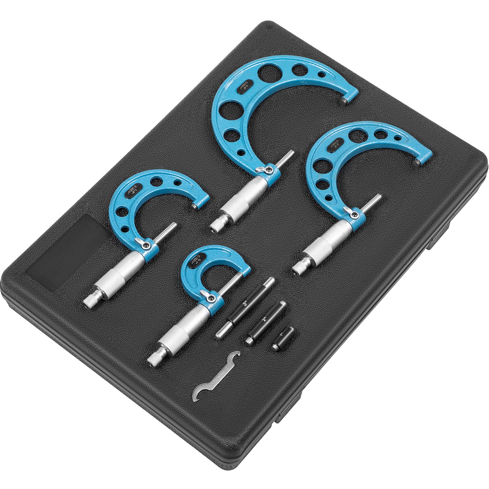 VEVOR Buiten Micrometer Set, 0-4" Metrisch Buiten Micrometer, 0,0001" Buitendiameter Micrometer Set, 4-delige Beugelmeetschroef, Legering Externe Micrometer Set, Lasergeëtste Set met Passende Koffer