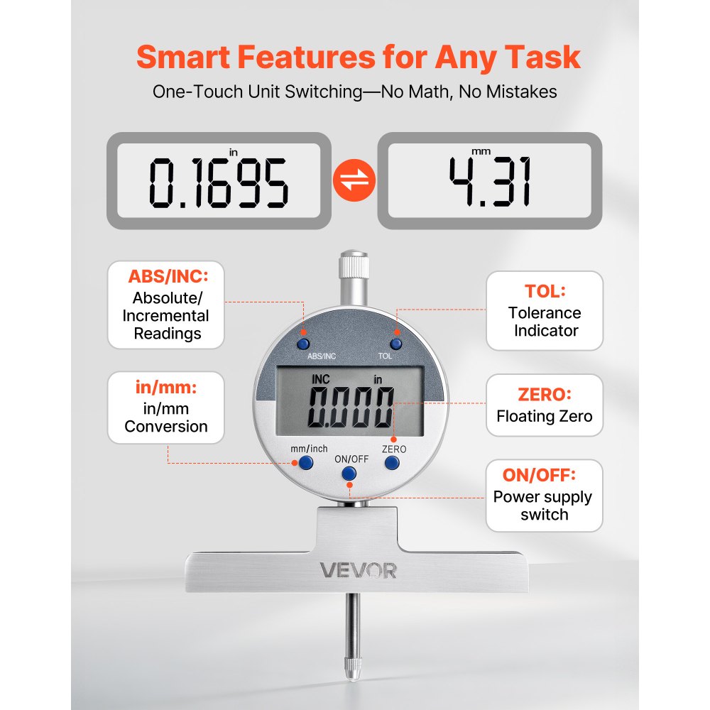 VEVOR dieptemeter, digitale dieptemeter met meetbereik 0–558,8 mm, resolutie 0,01 mm, nauwkeurige eenheidsomrekening met 4 meetpunten, dieptemeter voor groeven, treden en boringen.