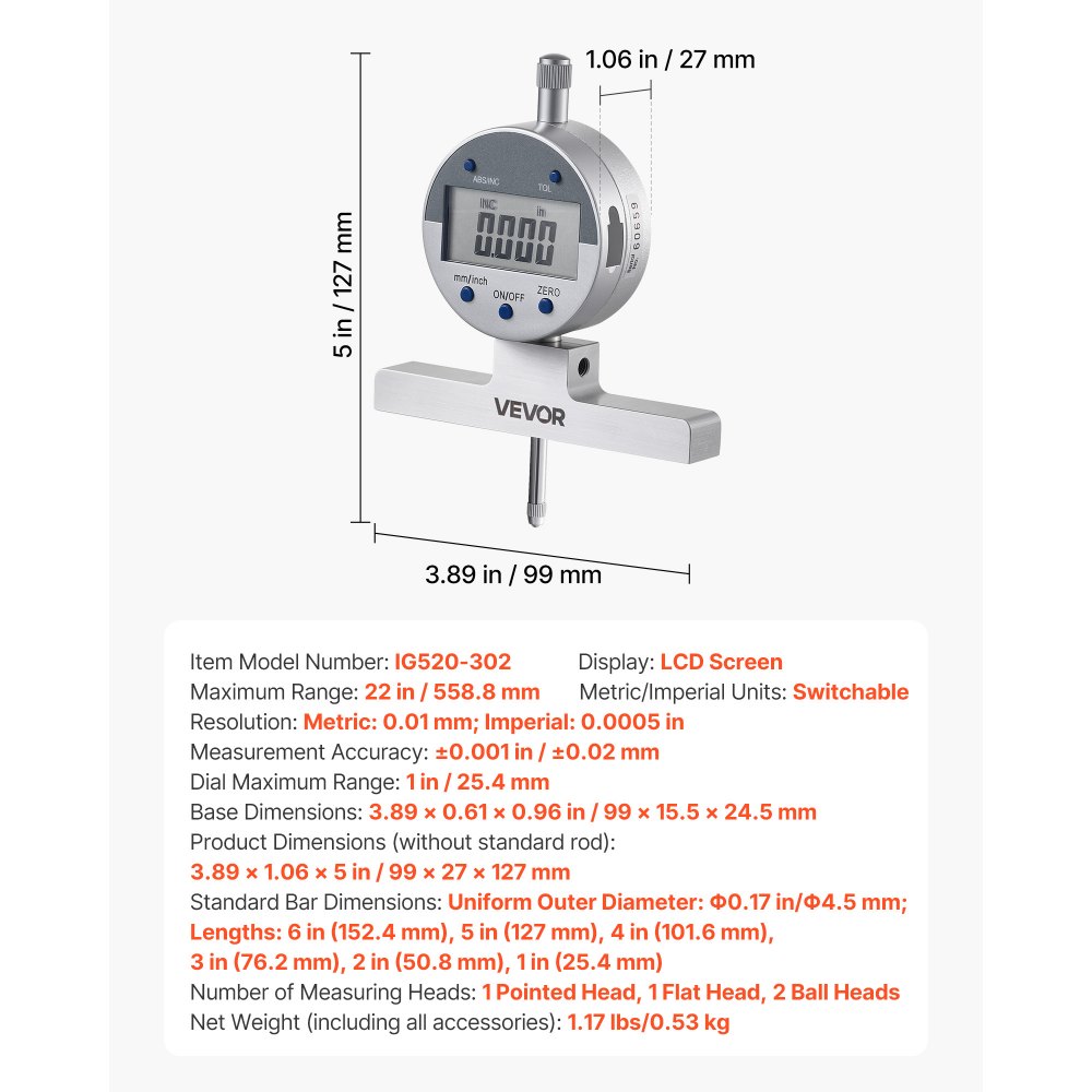 VEVOR dieptemeter, digitale dieptemeter met meetbereik 0–558,8 mm, resolutie 0,01 mm, nauwkeurige eenheidsomrekening met 4 meetpunten, dieptemeter voor groeven, treden en boringen.