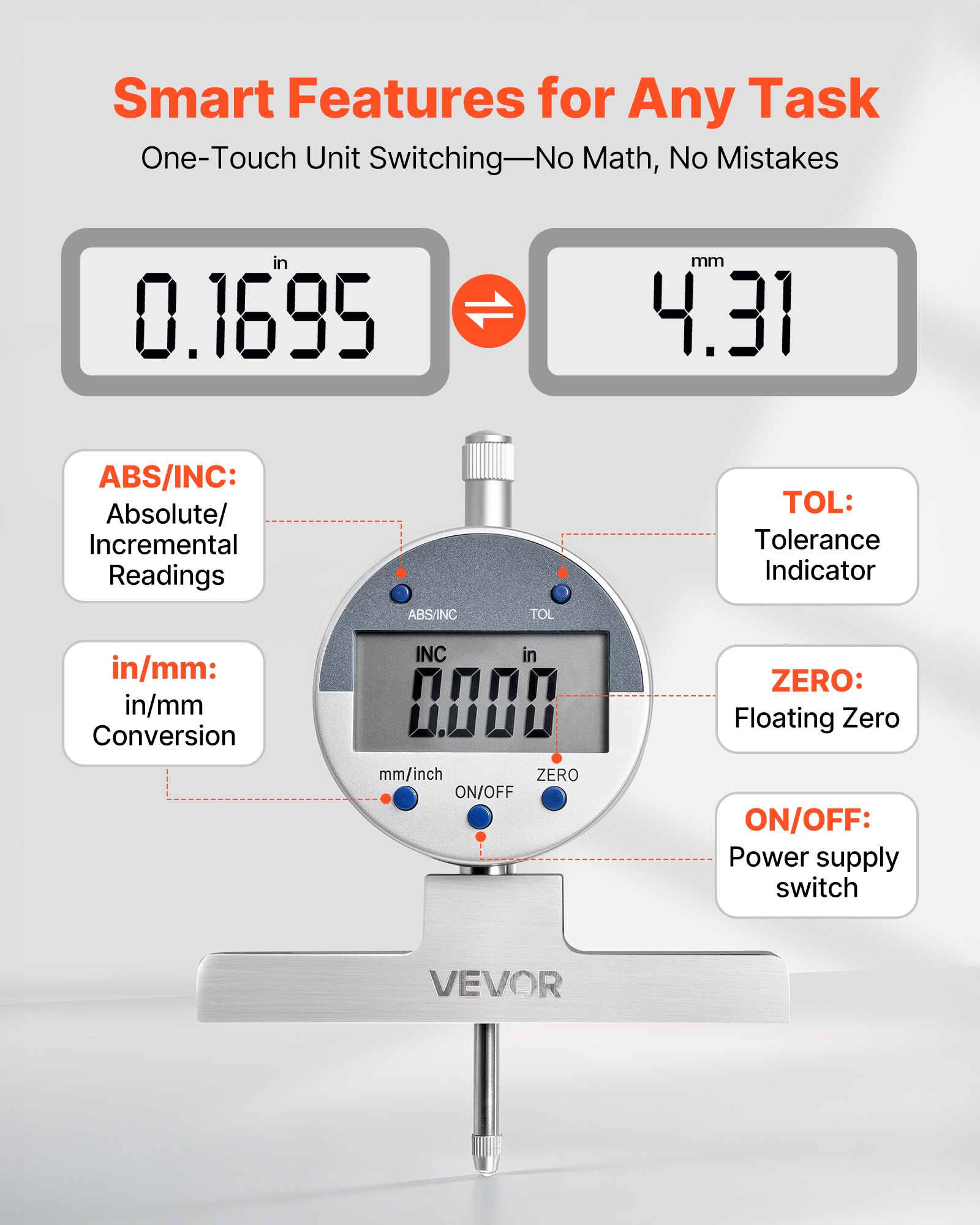 VEVOR dieptemeter, digitale dieptemeter met meetbereik 0–558,8 mm, resolutie 0,01 mm, nauwkeurige eenheidsomrekening met 4 meetpunten, dieptemeter voor groeven, treden en boringen.