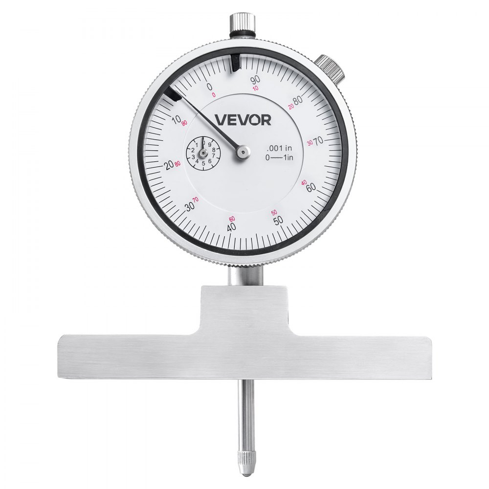 VEVOR dieptemeter, schuifmaat met een meetbereik van 0–22 inch, een resolutie van 0,001 inch, met 4 meetvlakken en 6 standaard meetstaven. Gemakkelijk afleesbaar mechanisch meetinstrument voor groeven, treden en boringen.