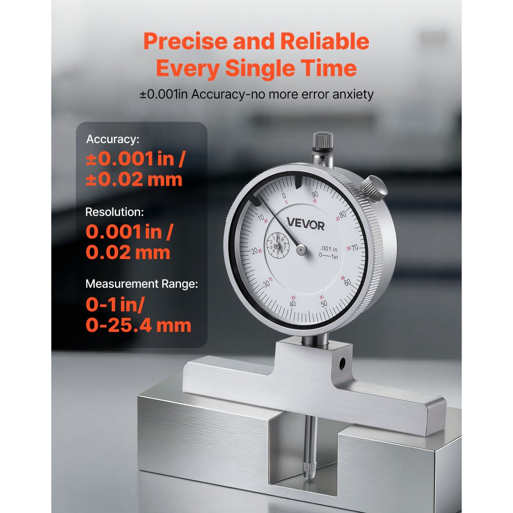 VEVOR dieptemeter, schuifmaat met een meetbereik van 0–22 inch, een resolutie van 0,001 inch, met 4 meetvlakken en 6 standaard meetstaven. Gemakkelijk afleesbaar mechanisch meetinstrument voor groeven, treden en boringen.