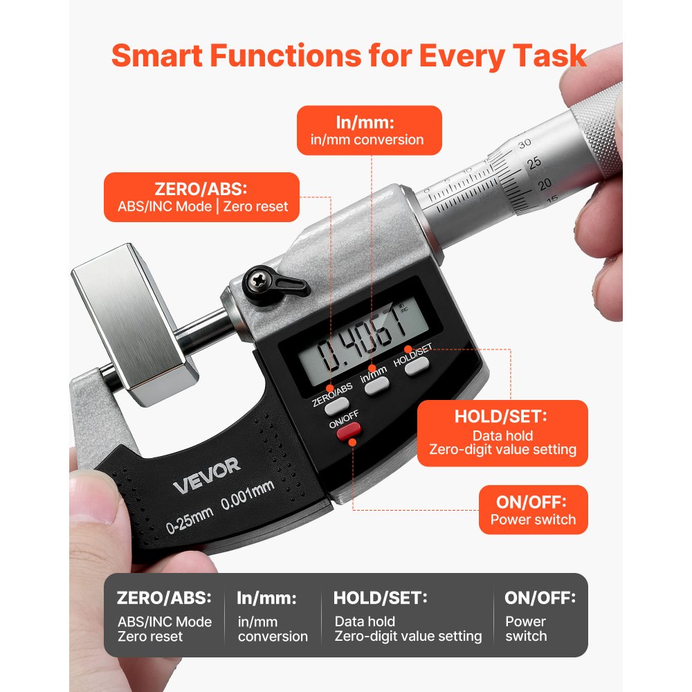VEVOR Micrometer, Digitale Micrometer, Meetbereik 0–25,4 mm, Resolutie 0,001 mm, Hoogste Precisie 0,003 mm, LCD-display, Schakelen tussen inch en mm, Hardmetalen Punt, met Koffer