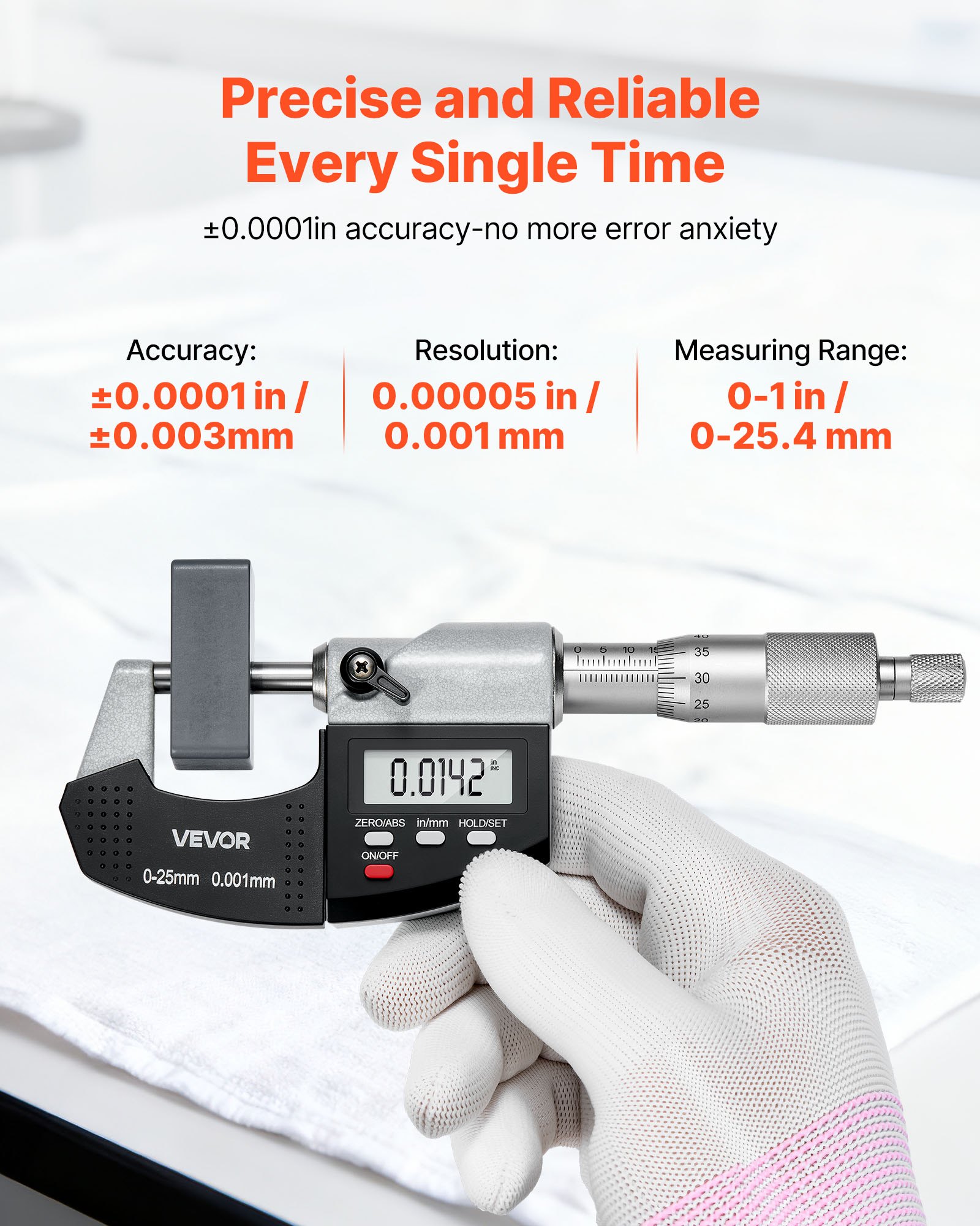 VEVOR Micrometer, Digitale Micrometer, Meetbereik 0–25,4 mm, Resolutie 0,001 mm, Hoogste Precisie 0,003 mm, LCD-display, Schakelen tussen inch en mm, Hardmetalen Punt, met Koffer