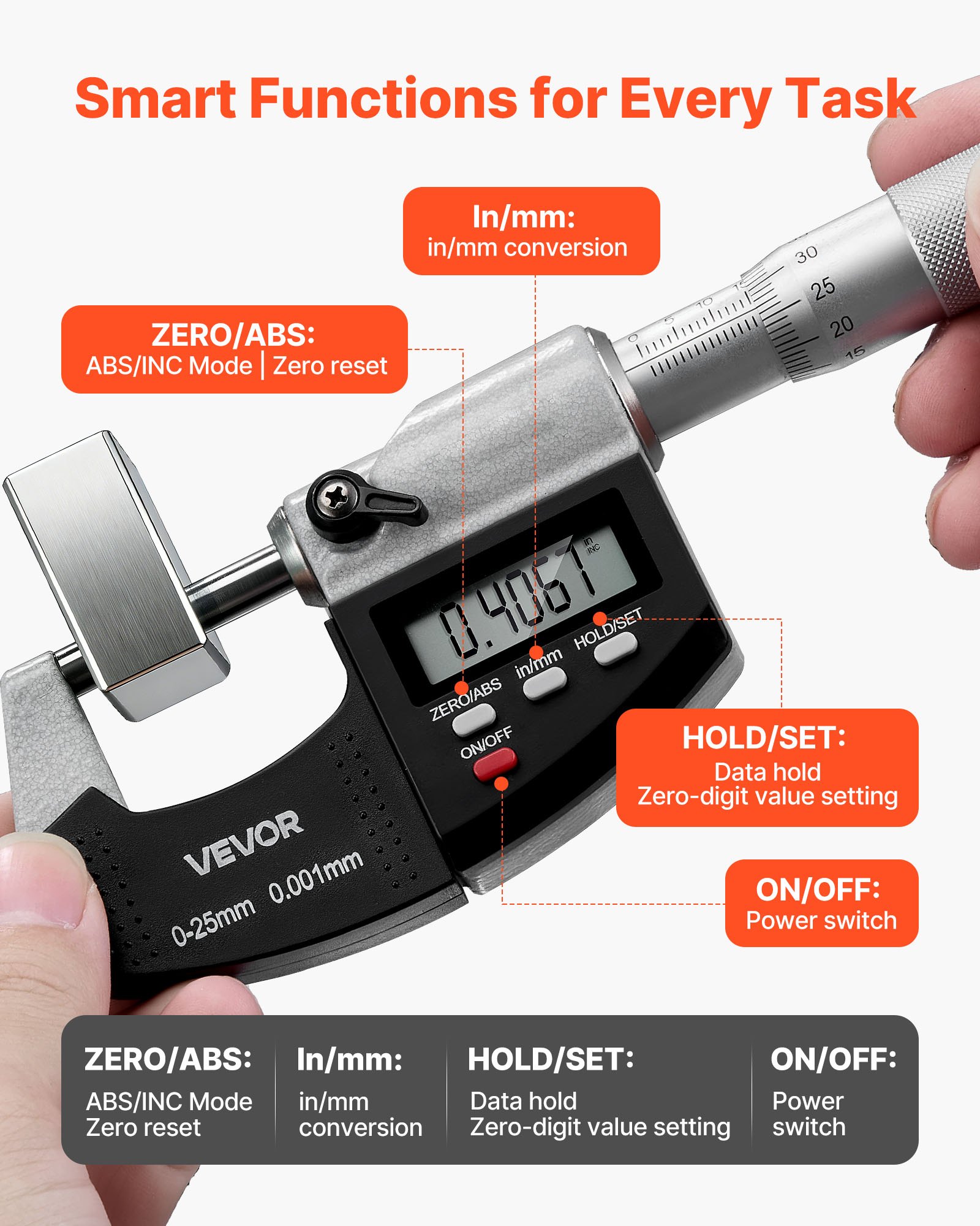 VEVOR Micrometer, Digitale Micrometer, Meetbereik 0–25,4 mm, Resolutie 0,001 mm, Hoogste Precisie 0,003 mm, LCD-display, Schakelen tussen inch en mm, Hardmetalen Punt, met Koffer
