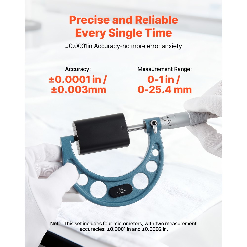 VEVOR micrometerset, 4-delig, met een meetnauwkeurigheid van 0,0001/0,0002 inch, voor metaalbewerking en werktuigbouw, inclusief koffer, 0-1/1-2/2-3/3-4 inch