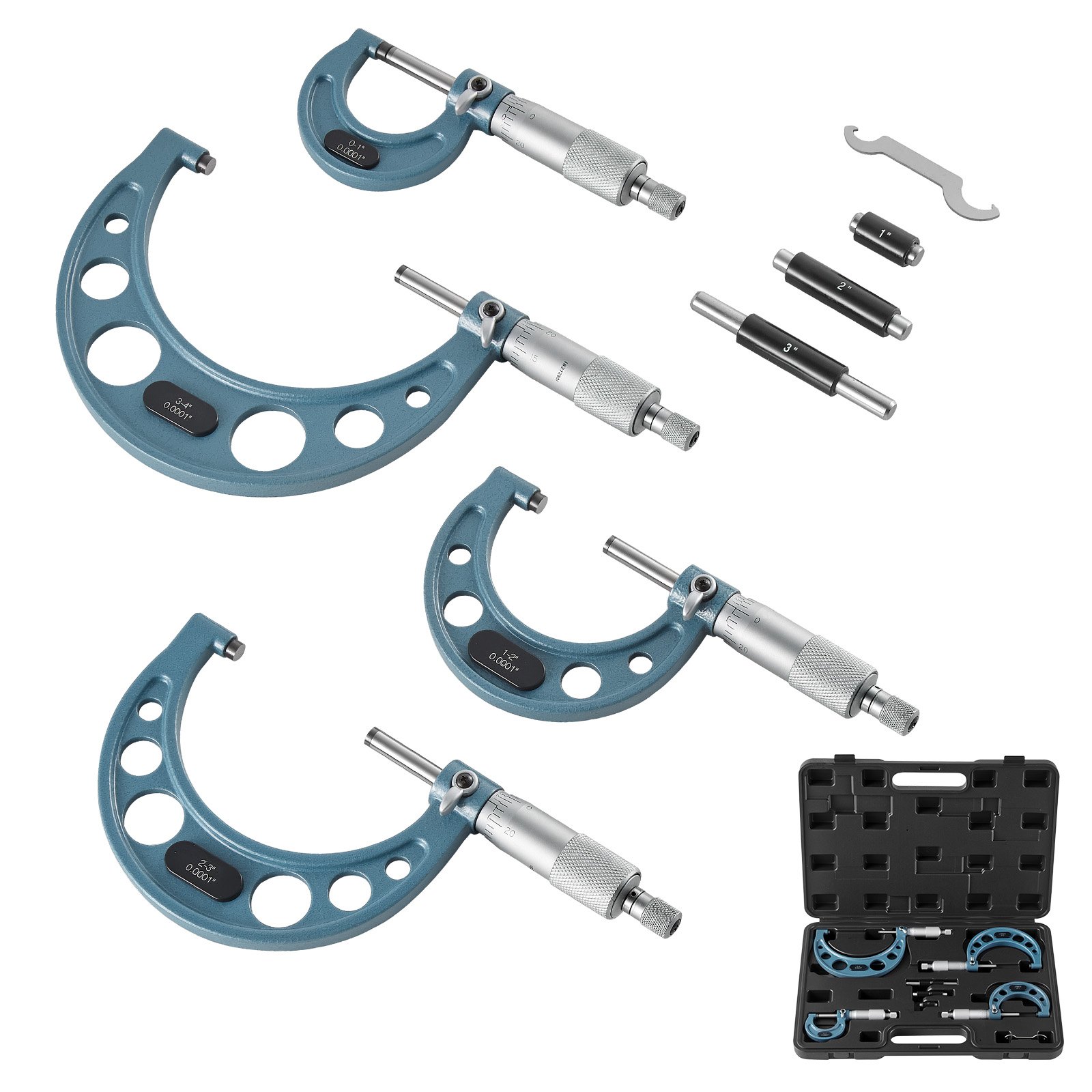 VEVOR micrometerset, 4-delig, met een meetnauwkeurigheid van 0,0001/0,0002 inch, voor metaalbewerking en werktuigbouw, inclusief koffer, 0-1/1-2/2-3/3-4 inch