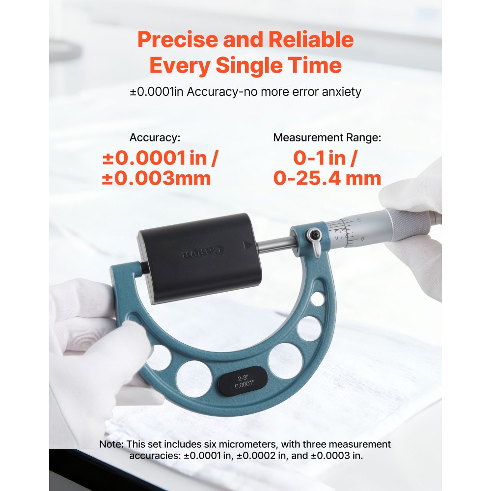VEVOR 6 PCS Micrometer Set, 0-1"/1-2"/2-3"/3-4"/4-5"/5-6" Machinist Outside Micrometer, Precision 0.0001 Accuracy, Professional Machinist Tools with Protective Case, for Metalworking & Engineering