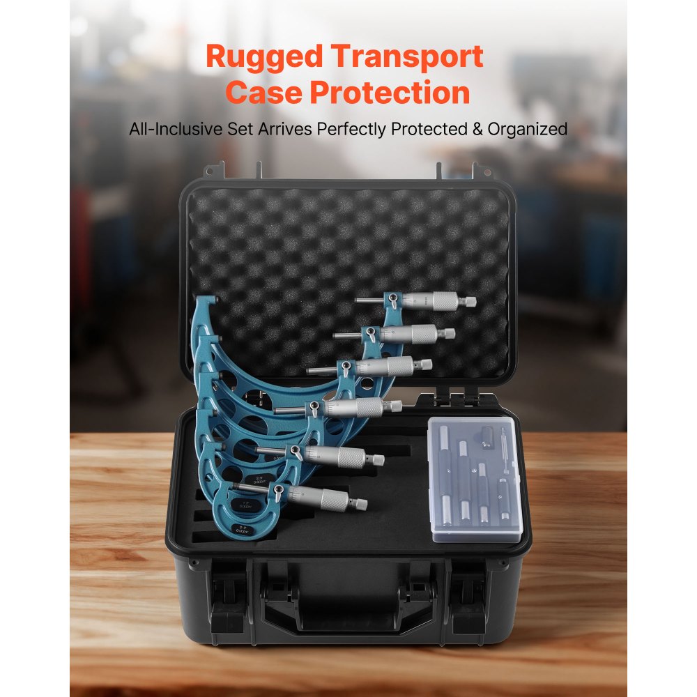 VEVOR 6 PCS Micrometer Set, 0-1"/1-2"/2-3"/3-4"/4-5"/5-6" Machinist Outside Micrometer, Precision 0.0001 Accuracy, Professional Machinist Tools with Protective Case, for Metalworking & Engineering