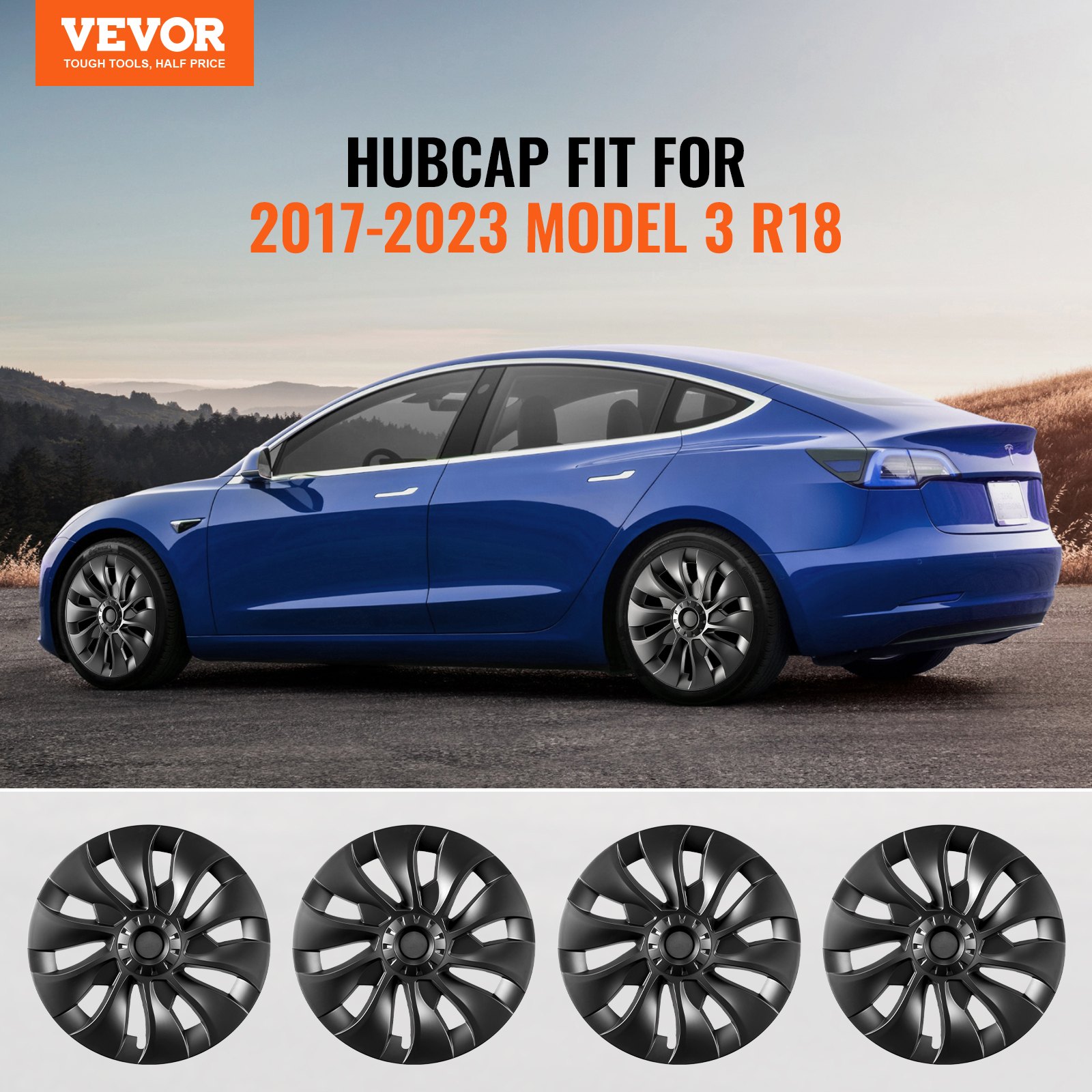 VEVOR Wheel Rim Cover Hubcaps, 18 in, 2017-2023 Model 3 Fully Fit Hubcap with Snap, Guard Tape & Valve Nozzle Hole, ABS & PC Hubcap with High Rigidity & Less Wind Drag, Fits for All Weather Use