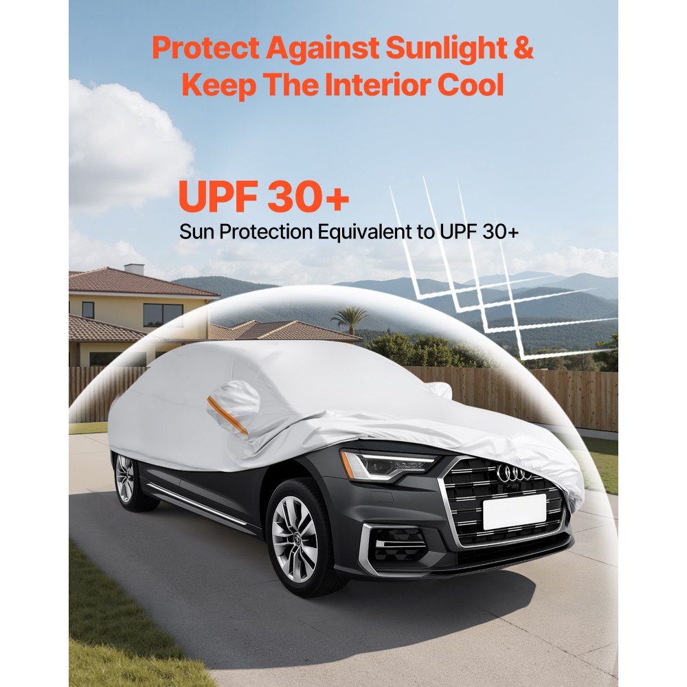 VEVOR Car Cover, Car Cover Waterproof for Full Size European Sedan Cars Models, Custom-fit All Weather Sun Rain Wind Dust Snow Protection Full Exterior Covers with Door Zipper & Cotton Lining, Silver