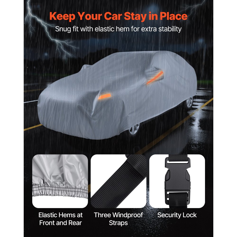 VEVOR Car Cover, Car Cover Waterproof for Full Size European Sedan Cars Models, Custom-fit All Weather Sun Rain Wind Dust Snow Protection Full Exterior Covers with Door Zipper & Cotton Lining, Silver