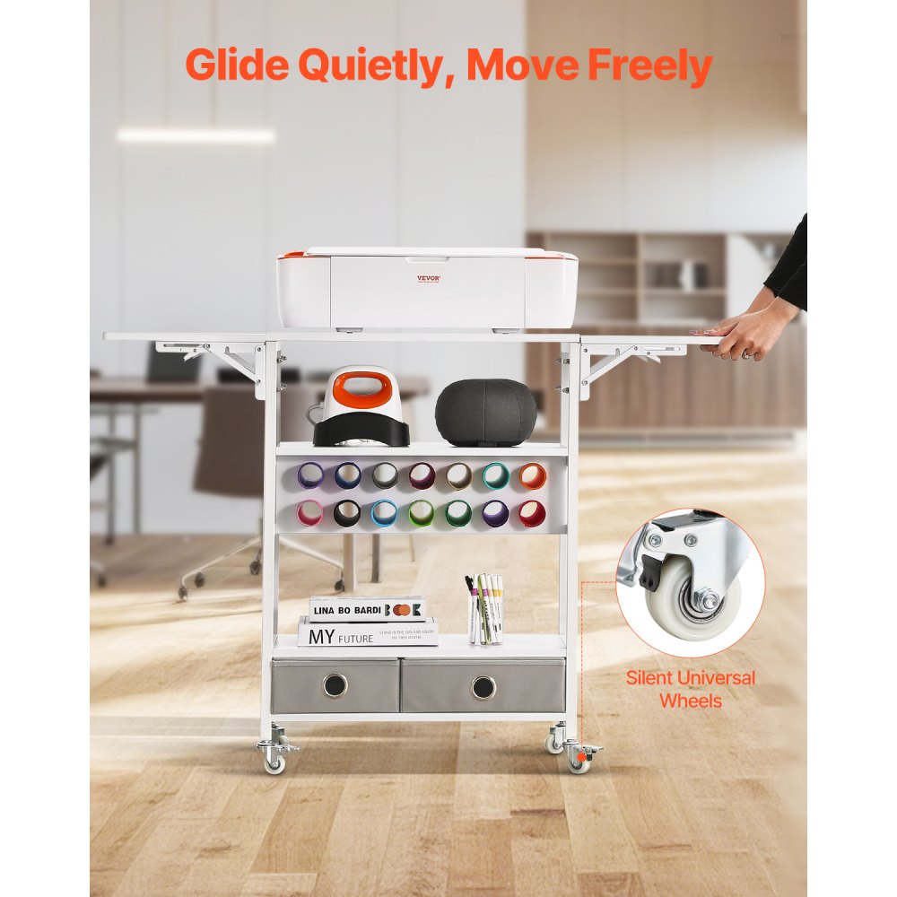 VEVOR Rolling Craft Cart and Storage Table, Compatible with Cricut Machines, Collapsible Cricut Table with Foldable Sides, Craft Rolling Storage Organizer with 14 Vinyl Roll Holders and 2 Drawers