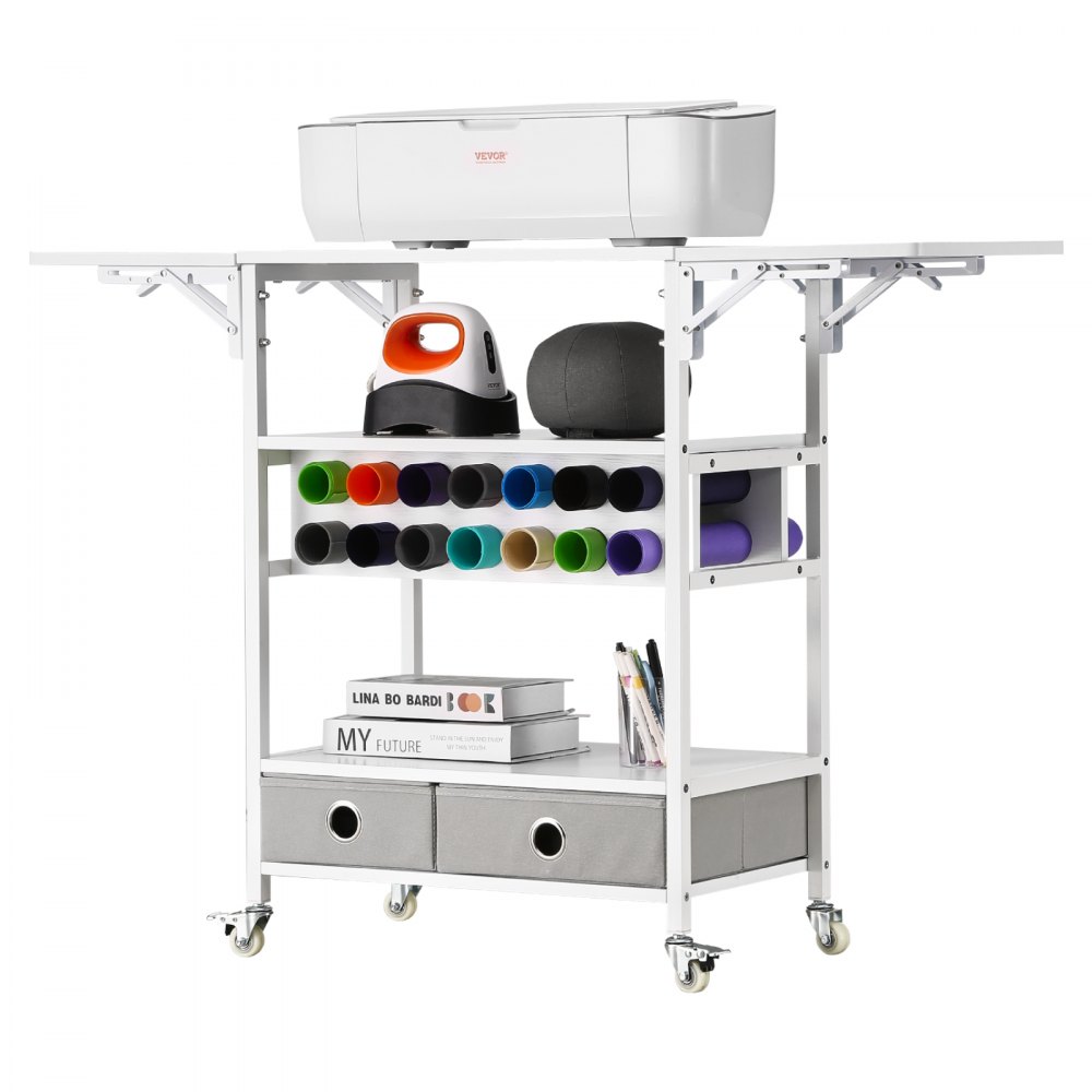 VEVOR Rolling Craft Cart and Storage Table, Compatible with Cricut Machines, Collapsible Cricut Table with Foldable Sides, Craft Rolling Storage Organizer with 14 Vinyl Roll Holders and 2 Drawers