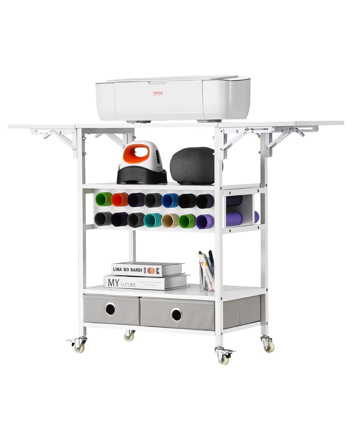 VEVOR Rolling Craft Cart and Storage Table, Compatible with Cricut Machines, Collapsible Cricut Table with Foldable Sides, Craft Rolling Storage Organizer with 14 Vinyl Roll Holders and 2 Drawers